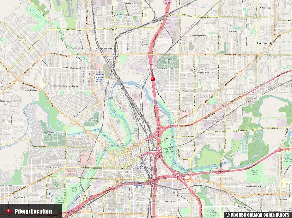 Fort Worth, TX pileup location (OpenStreetMap)