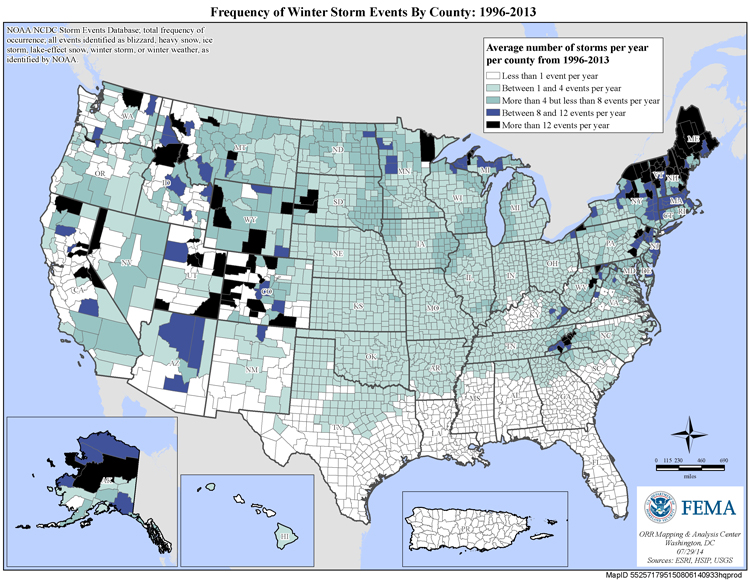 Winter weather frequency, by US county